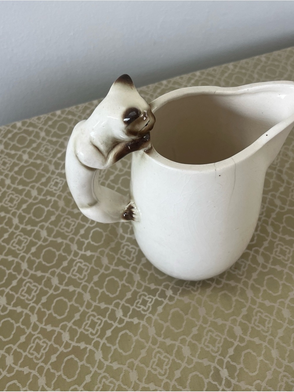 Cream Ceramic Pitcher with Siamese Cat Handle from 60’s made in Japan